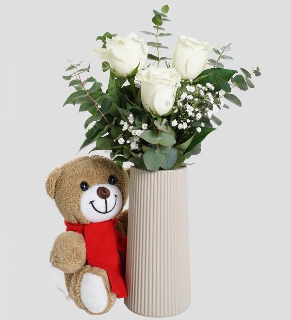 Bej Vazoda Gül ve Ayıcık